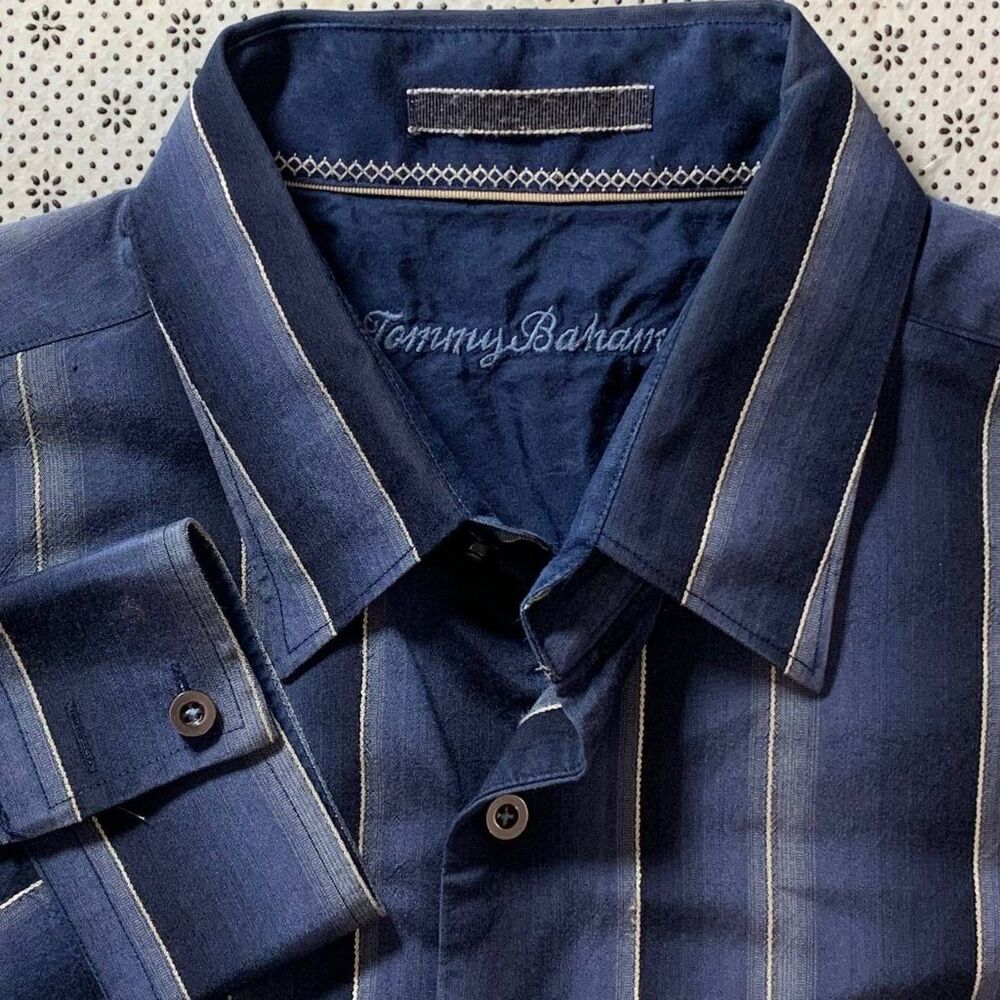 Tommy Bahama 100% Silk Navy Stripe Long Sleeve Button Down Shirt Mens L